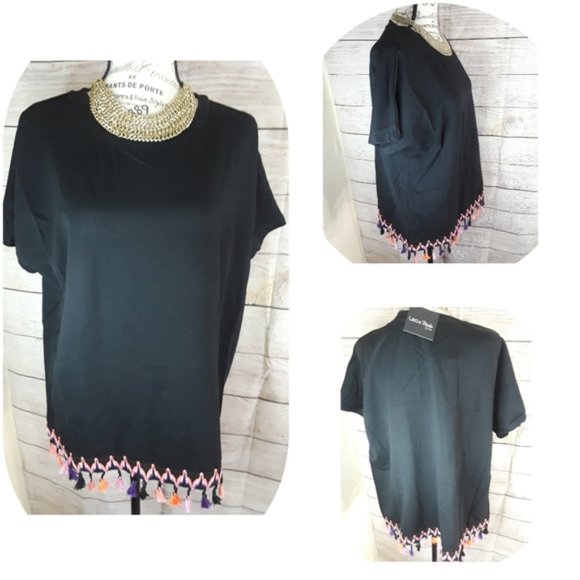 Lea & Viola Curve NWT Black Cotton Tassel Tee Shirt, Size XLarge - Picture 2 of 7